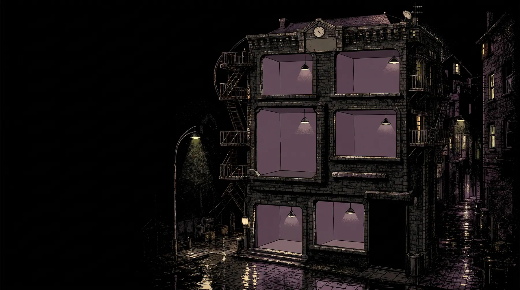 A crooked five-storey brokerage at night in a wet alley, its six windows lit from inside.
